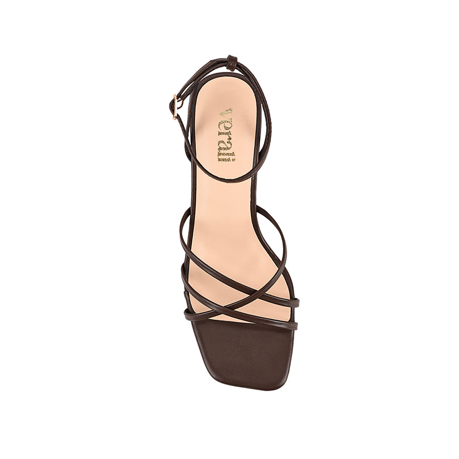 Women's chocolate vegan leather block heel strapy sandal with square toe and ankle buckle