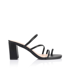 Women's black vegan block heel strappy sandal with toe ring and square toe