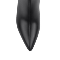 Black high knee smooth boot with a kitten heel and zip closure