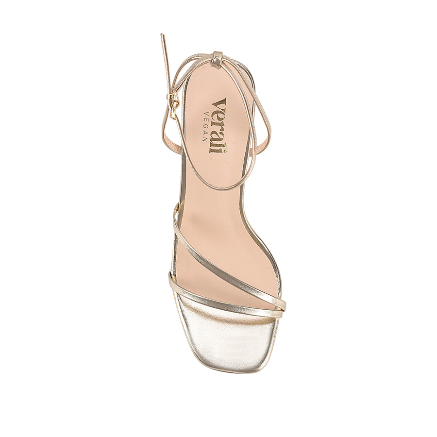 Gold high-heeled sandal with thin straps that fasten with a gold buckle