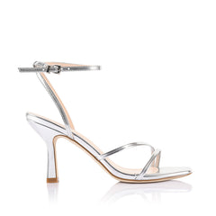 Silver high-heeled sandal with thin straps and buckle