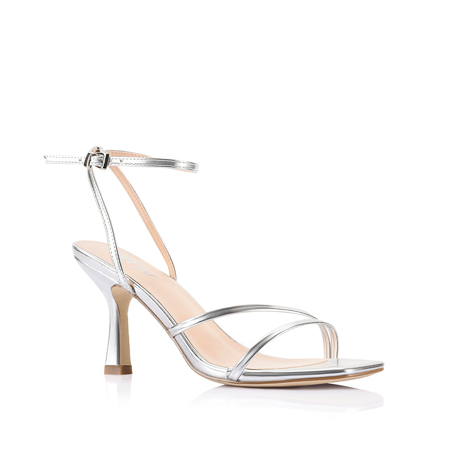 Silver high-heeled sandal with thin straps and buckle