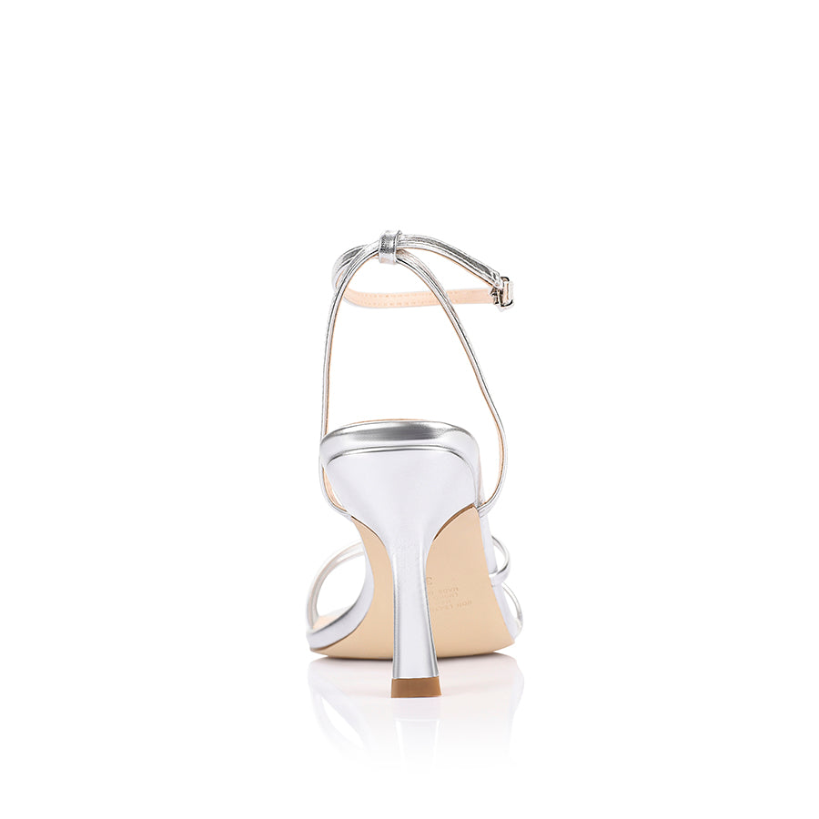 Silver high-heeled sandal with thin straps and buckle