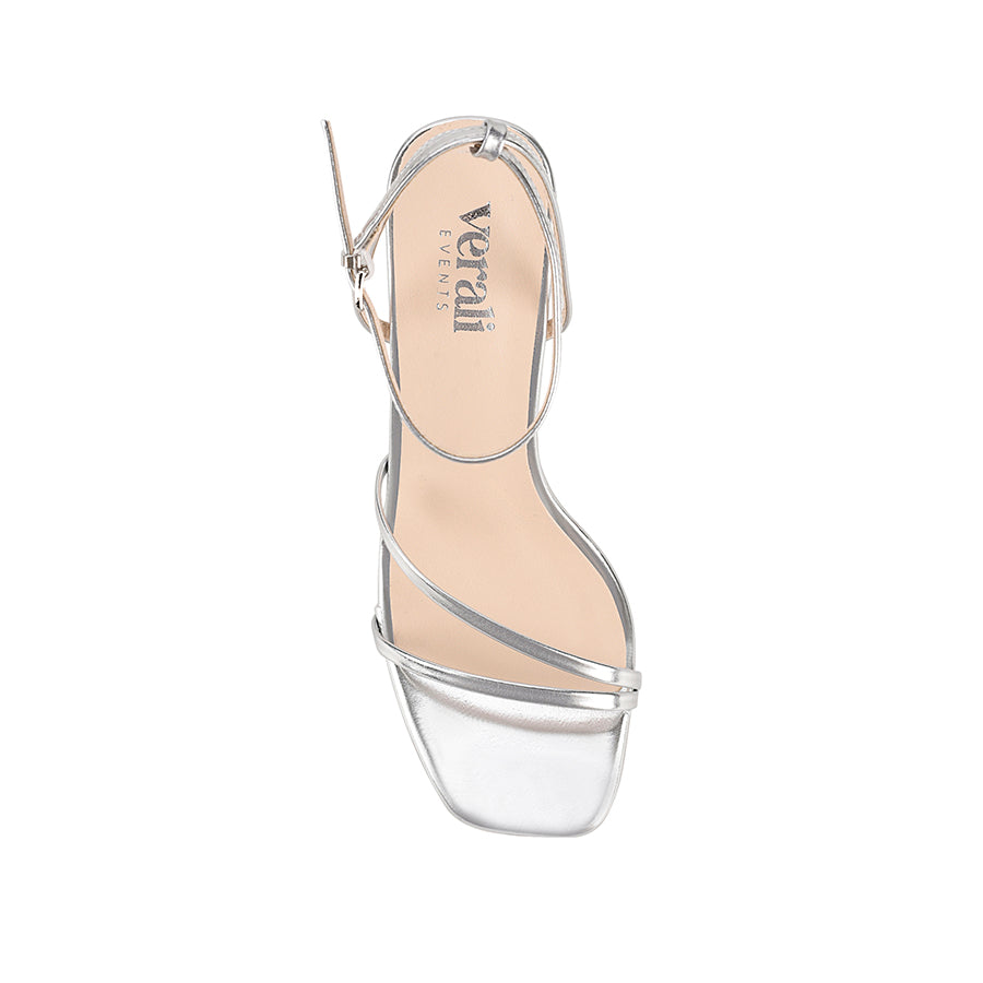 Silver high-heeled sandal with thin straps and buckle