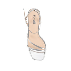 Silver high-heeled sandal with thin straps and buckle