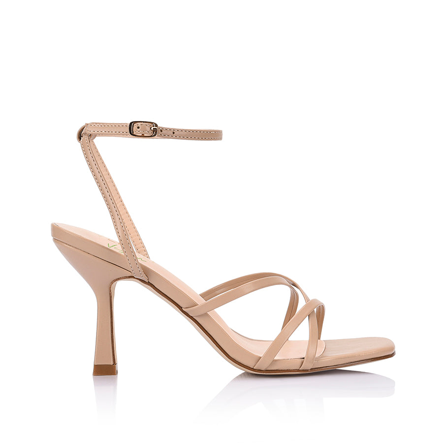 Women's heeled strappy sandal in beige vegan leather with ankle strap and square toe