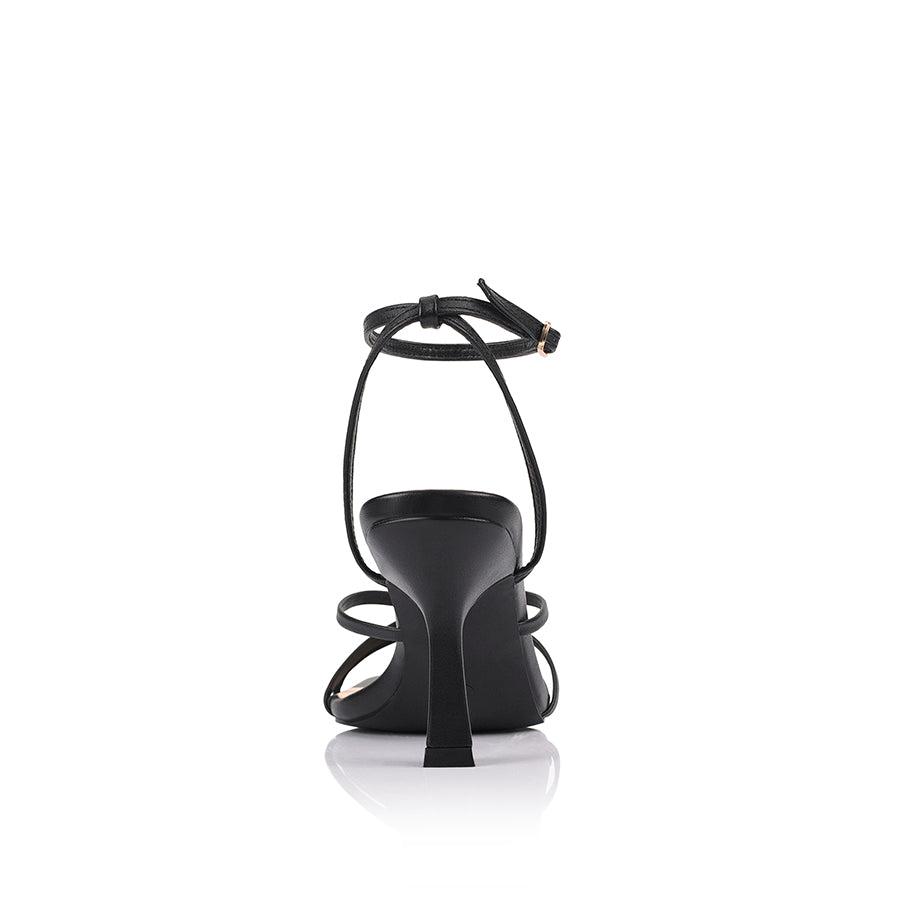 Women's black vegan strappy heeled sandal with square toe