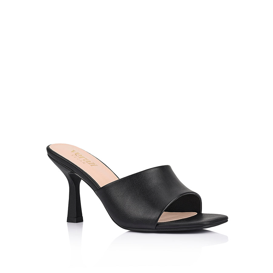 Women's black vegan stiletto heeled mule with square toe