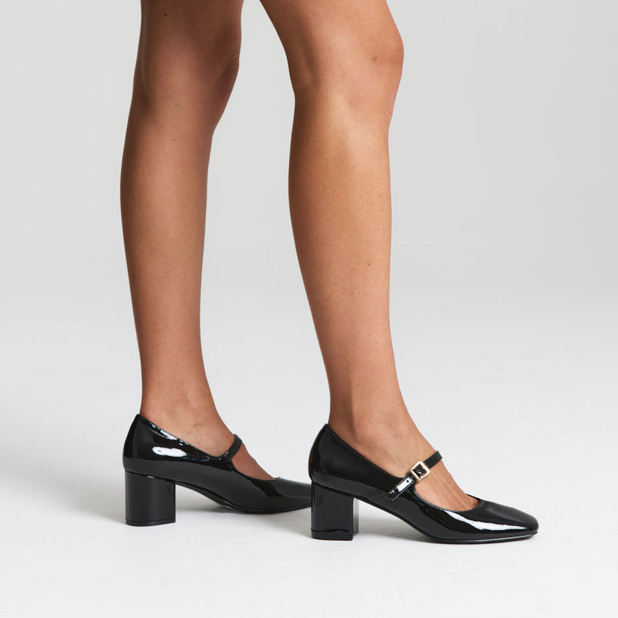 Riley Mary-Jane Block Heels - Black Patent