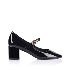 Women's patent Mary-Jane shoe with square toe shape and buckle closure