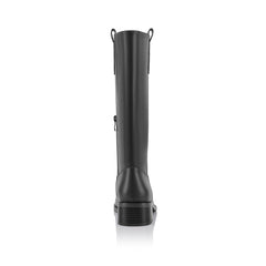 Black knee-high boot with a rounded toe shape