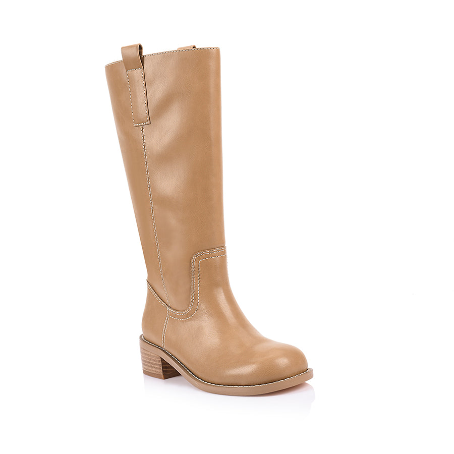 Camel knee-high boot with a rounded toe shape