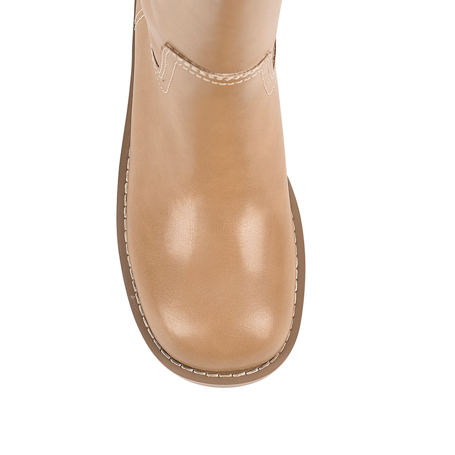 Camel knee-high boot with a rounded toe shape