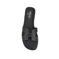 Women's flat sandal in black vegan leather for summer