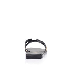 Women's black vegan and raffia flat slides
