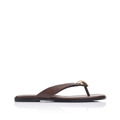 Women's chocolate brown vegan flat thongs with gold heart embellishment 