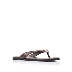 Women's chocolate brown vegan flat thongs with gold heart embellishment 