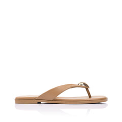 Womens dark camel tan vegan flat thong with gold embellished heart