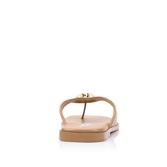 Womens dark camel tan vegan flat thong with gold embellished heart