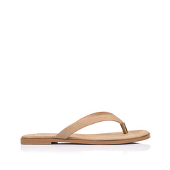 Women's taupe microsuede thongs with square toe