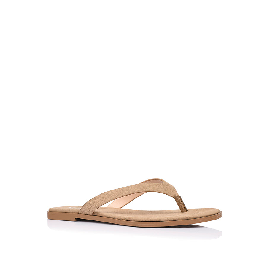 Women's taupe microsuede thongs with square toe