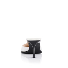 Women's kitten heel point toe mule in white crinkle with buckle detailing