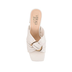 Women's white block heel mules with crossover vamp straps and gold ring detailing