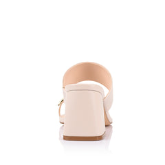 Women's bone white vegan block heel mule with wide strap upper and gold toe ring detail