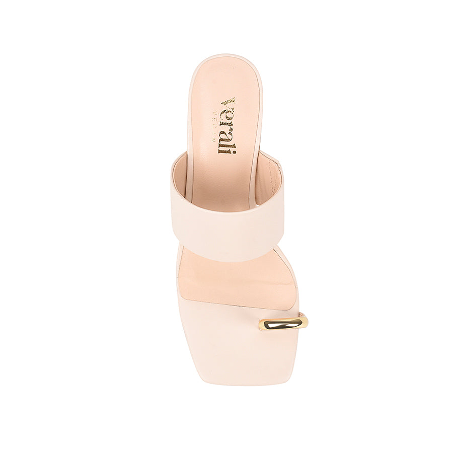 Women's bone white vegan block heel mule with wide strap upper and gold toe ring detail