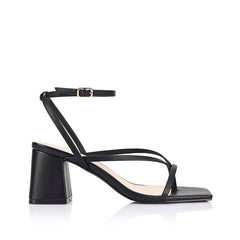 Black high-heeled sandal on a block heel with a square toe shape