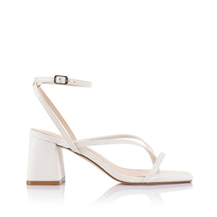 White high-heeled sandal on a block heel with a square toe shape