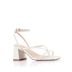 White high-heeled sandal on a block heel with a square toe shape