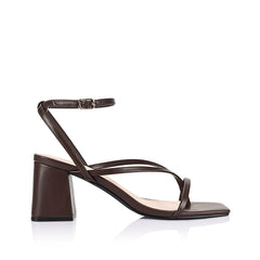 Brown high-heeled sandal on a block heel with a square toe shape