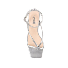 Silver high-heeled sandal on a block heel with a square toe shape