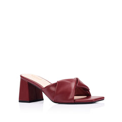 Womens burgundy wine vegan block heeled mule with crossover straps