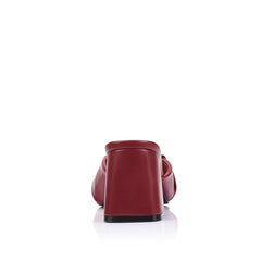 Womens burgundy wine vegan block heeled mule with crossover straps