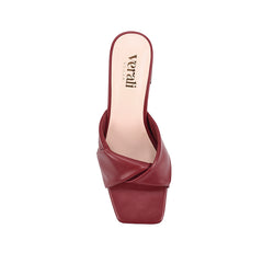 Womens burgundy wine vegan block heeled mule with crossover straps