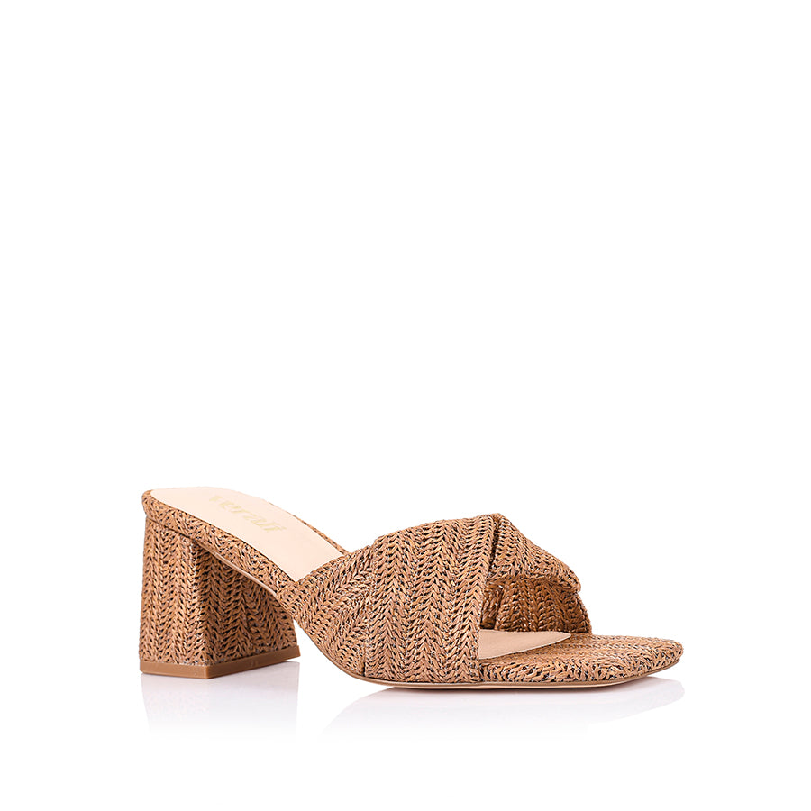 Womens brown tan raffia block heeled mule with crossover straps