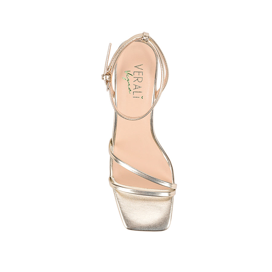 Women's champagne gold metallic vegan strappy block heel with adjustable ankle