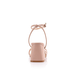 Women's strappy sandal with block heel, thin vamp straps, buckle on ankle strap and square toe in dusty pink vegan material