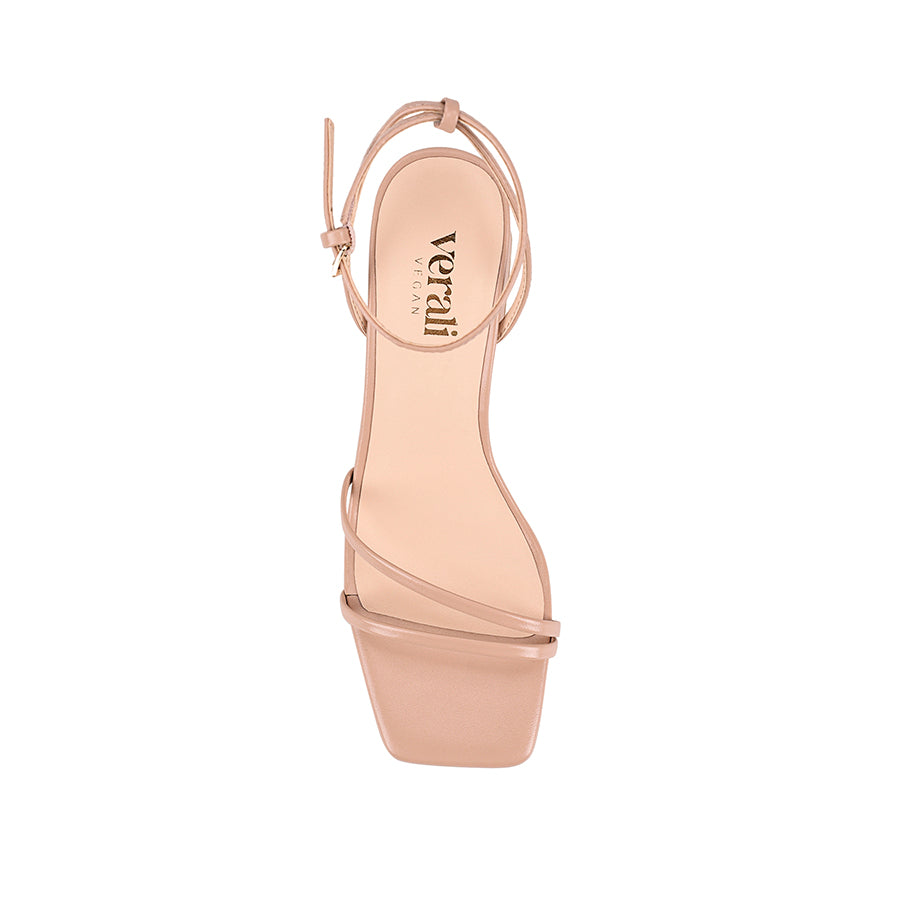 Women's strappy sandal with block heel, thin vamp straps, buckle on ankle strap and square toe in dusty pink vegan material