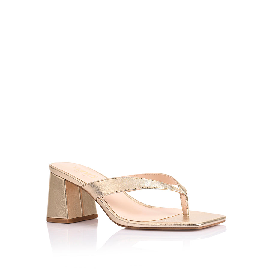 Women's metallic champagne gold block thong heel with square toe 