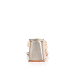 Women's metallic champagne gold block thong heel with square toe 