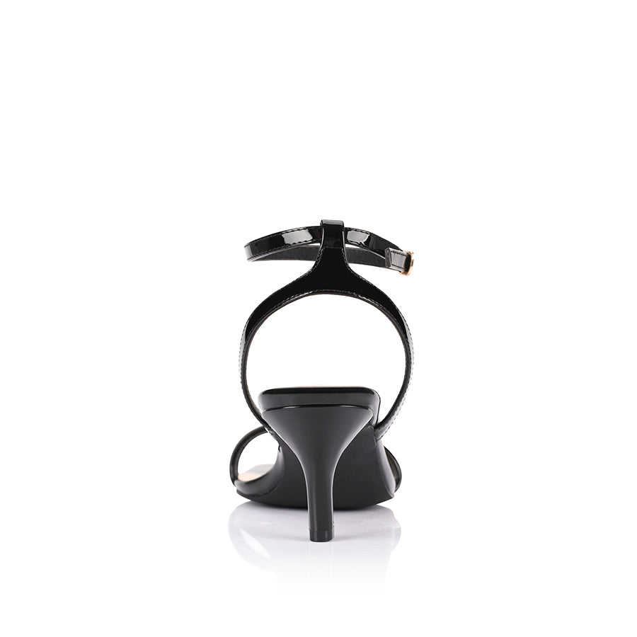Women's black patent strappy low heel with ankle strap, square toe and gold buckle