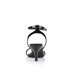 Women's black patent strappy low heel with ankle strap, square toe and gold buckle