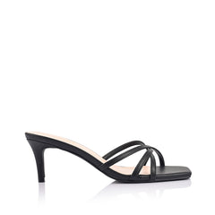 Women's black vegan low stiletto heel with crossover straps and square toe