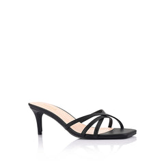 Women's black vegan low stiletto heel with crossover straps and square toe