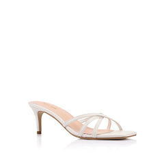 Women's white vegan low stiletto heel with crossover straps and square toe