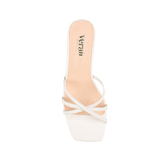 Women's white vegan low stiletto heel with crossover straps and square toe