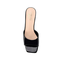 Womens black patent kitten heel mule with square toe